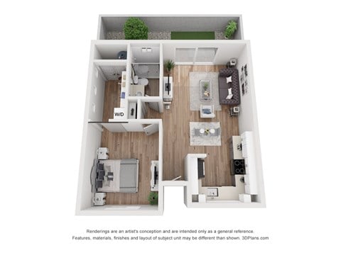 Floor plan for 1 bed, 1 bath, 676 sqft